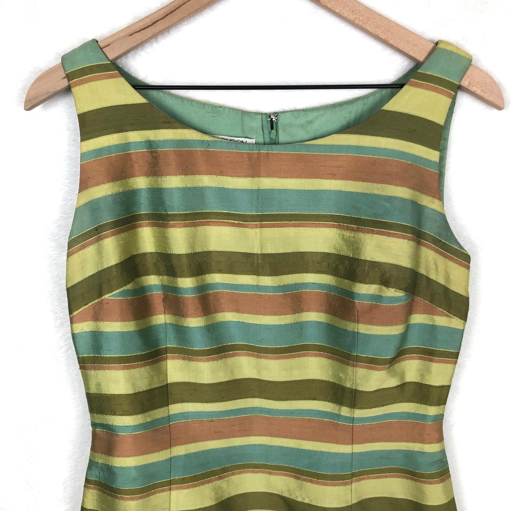 MAGGY LONDON 100% Silk Striped Sheath Dress Sz 8 Green Teal Copper Sleeveless - Picture 3 of 10